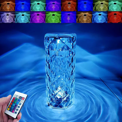 Diamond Cut Rose Crystal Lamp – 16-Color LED, Touch & Remote Control, USB Rechargeable