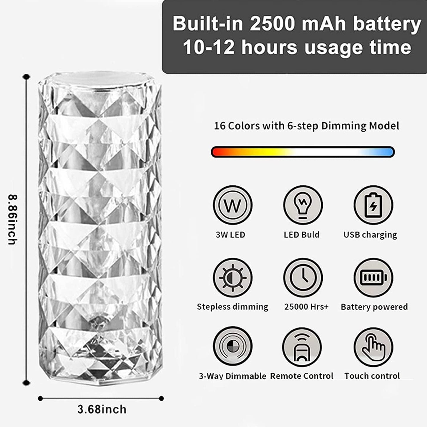 Diamond Cut Rose Crystal Lamp – 16-Color LED, Touch & Remote Control, USB Rechargeable