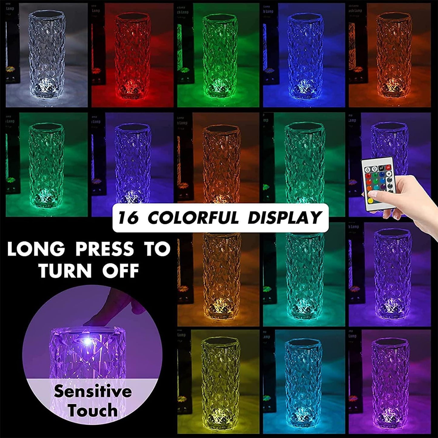 Diamond Cut Rose Crystal Lamp – 16-Color LED, Touch & Remote Control, USB Rechargeable