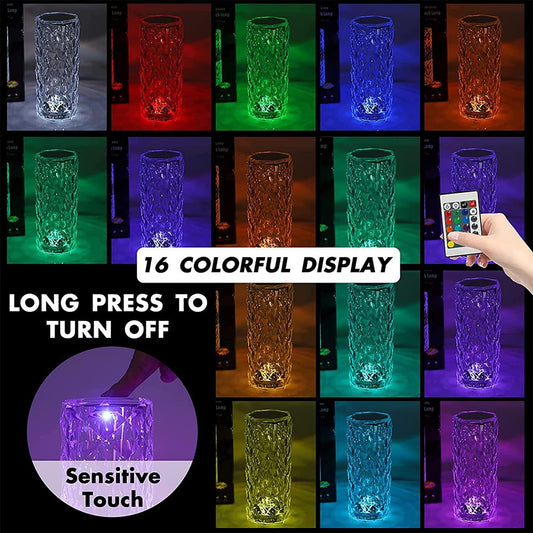 Diamond Cut Rose Crystal Lamp – 16-Color LED, Touch & Remote Control, USB Rechargeable