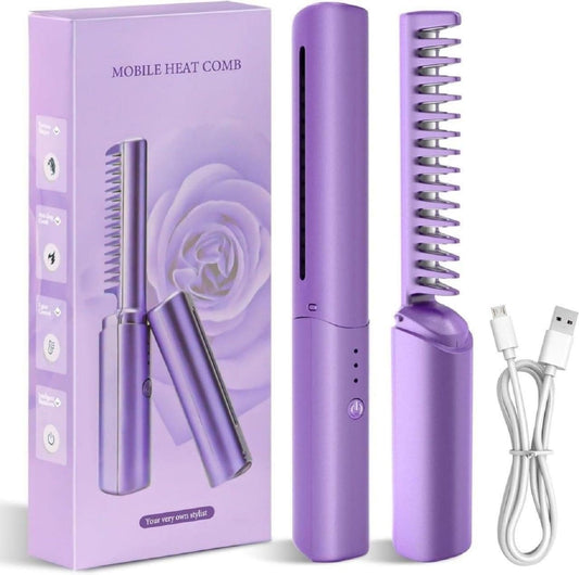 Cordless Mini Hot Comb Hair Straightener – Portable Rechargeable Hair Styling Brush with Adjustable Heat