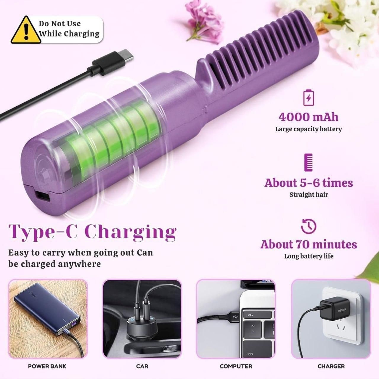 Cordless Mini Hot Comb Hair Straightener – Portable Rechargeable Hair Styling Brush with Adjustable Heat