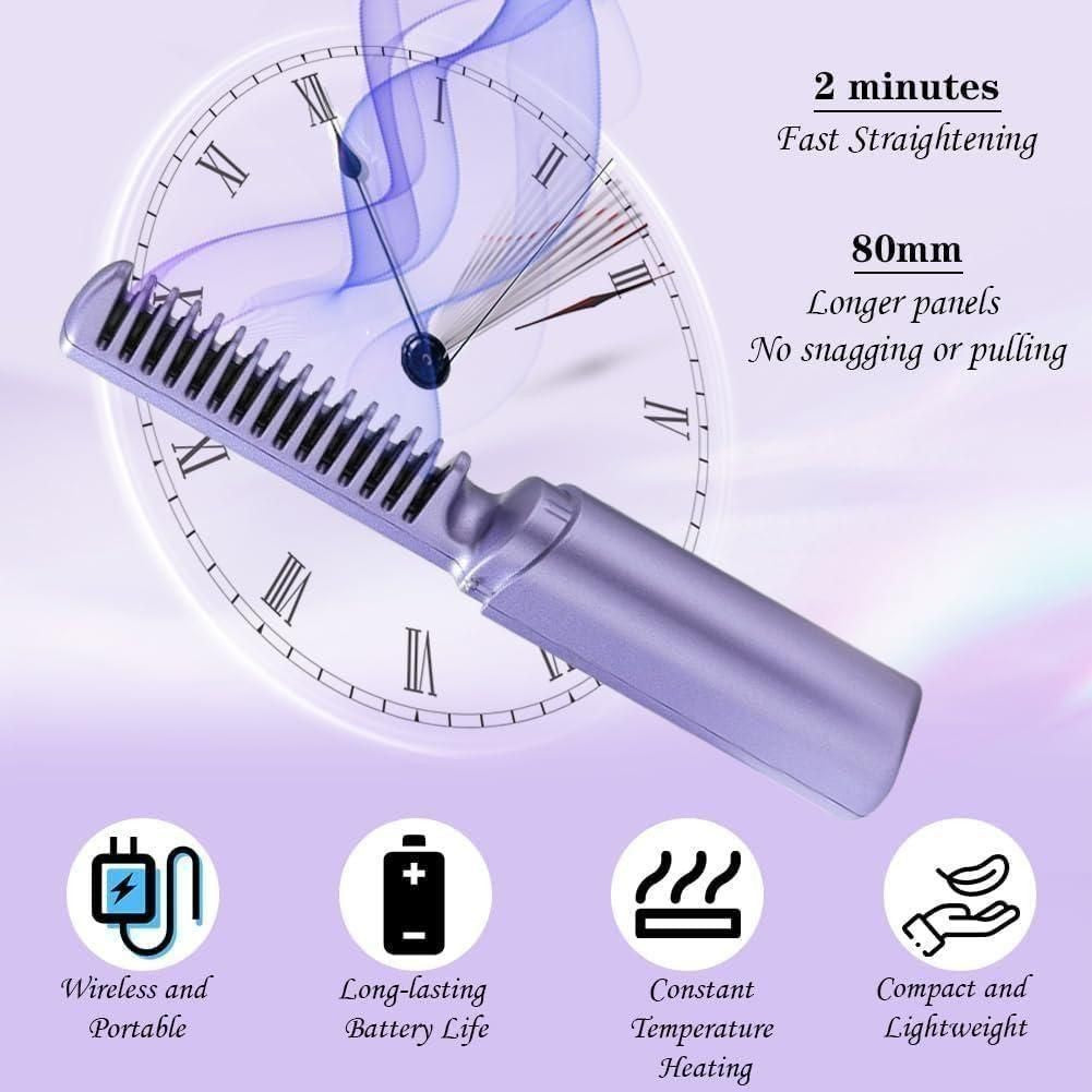 Cordless Mini Hot Comb Hair Straightener – Portable Rechargeable Hair Styling Brush with Adjustable Heat