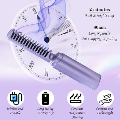 Cordless Mini Hot Comb Hair Straightener – Portable Rechargeable Hair Styling Brush with Adjustable Heat